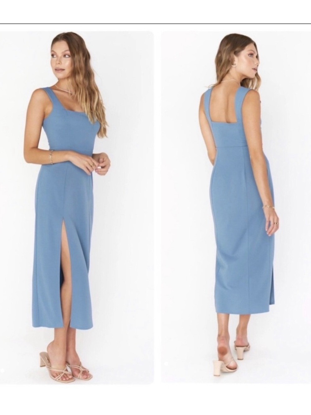 Show Me Your MuMu Dusty Blue Square-Neck Midi Dress with Slit